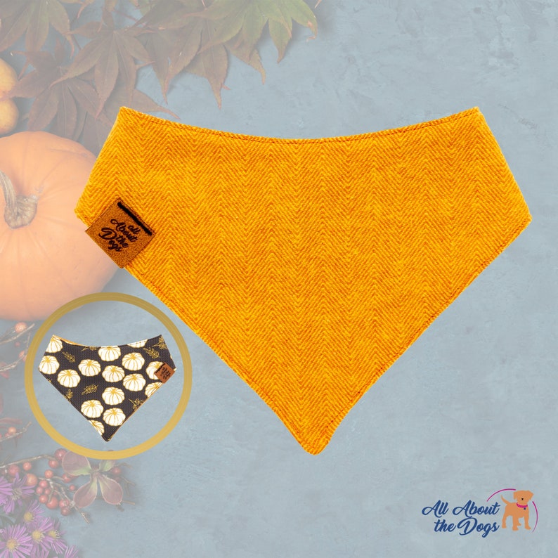 May include: A mustard-yellow dog bandana with a herringbone weave. A small, brown tag with the text "All About the Dogs" is attached. A smaller, circular image shows a reversible bandana with a pumpkin pattern.