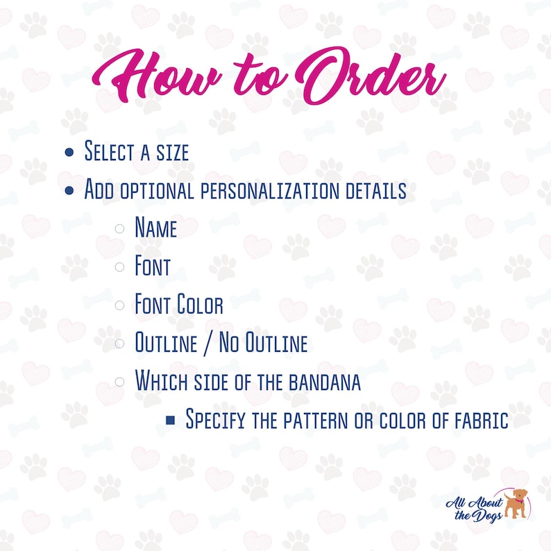 Peut inclure: Graphique avec le texte "How to Order" en script rose. Les instructions incluent la s&eacute;lection d'une taille, l'ajout de d&eacute;tails de personnalisation tels que le nom et la police, et la sp&eacute;cification du motif ou de la couleur du tissu du bandana. Le logo "All About the Dogs" est en bas &agrave; droite.