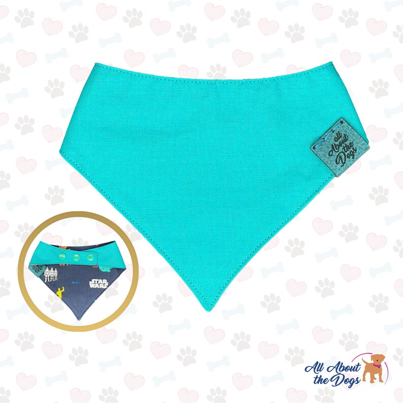 Pu&ograve; includere: Un bandana per cani blu turchese con una toppa in pelle marrone che dice "All About the Dogs".