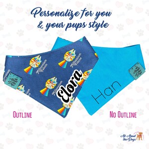 May include: Two dog bandanas, one blue with the name "Han" and the other with a blue and yellow pattern featuring the text "Millennium Falcon" and the name "Elora".