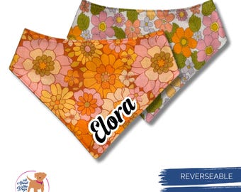 Groovy Dog Bandana Snap On, Vintage Floral Print Custom Dog Gift for Pet Owners