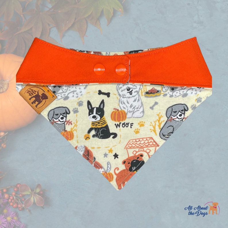 Pu&ograve; includere: Un bandana per cani con un colletto arancione e un tessuto fantasia color crema. Il tessuto presenta cani dei cartoni animati, zucche e la parola "Woof". Il bandana &egrave; fissato con due bottoni arancioni.