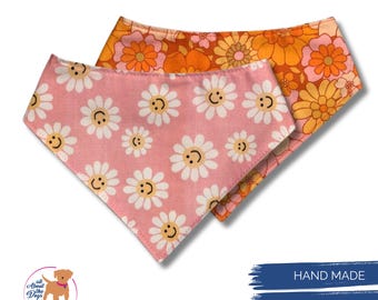 Personalized Dog Bandana: Reversible Smiley Face Daisy Print, Snap-On Cotton Pet Scarf