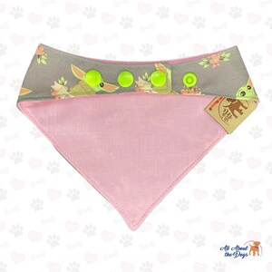 Puede incluir: Un pa&ntilde;uelo reversible para perro rosa y gris con un estampado de personaje extraterrestre verde. El pa&ntilde;uelo tiene cuatro botones a presi&oacute;n verdes y una etiqueta marr&oacute;n que dice "All About the Dogs".
