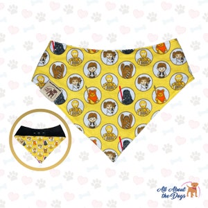 May include: Yellow dog bandana with a Star Wars theme. The bandana features a repeating pattern of characters from the Star Wars movies, including Luke Skywalker, Princess Leia, Darth Vader, Chewbacca, and C-3PO. The bandana is reversible, with a black side and a yellow side.