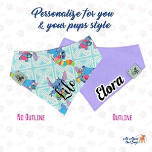 Puede incluir: Dos pa&ntilde;uelos para perros, uno azul claro con un estampado de Stitch y el nombre "Lilo", el otro liso lavanda con el nombre "Elora". El texto "Personalize for you & your pups style" est&aacute; en la parte superior.