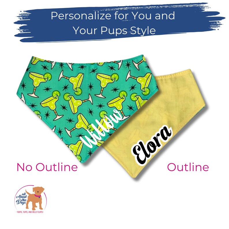 May include: Two personalized dog bandanas. One is teal with a margarita pattern and the name "Willow" in white. The other is yellow with the name "Elora" in black. Text at the top says "Personalize for You and Your Pups Style."