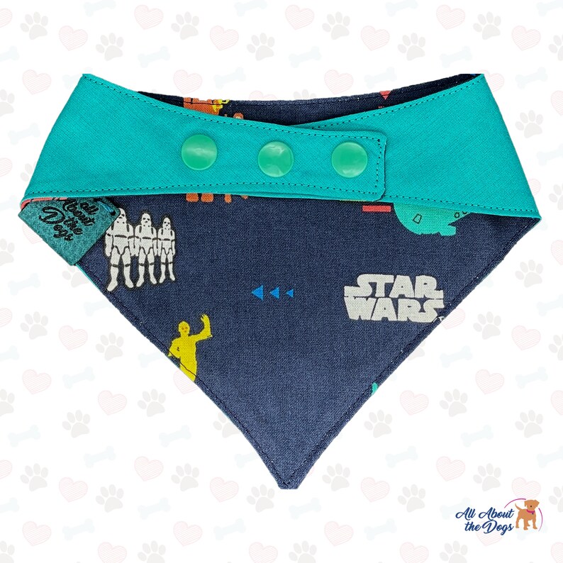 Pu&ograve; includere: Un bandana per cani blu navy con tema Star Wars. Il bandana presenta un logo "Star Wars" bianco, personaggi gialli e arancioni e un bordo turchese con chiusura a scatto.