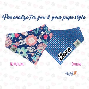 May include: Two dog bandanas with personalized names. One features a floral pattern with the name "Bella", the other has a polka dot design with the name "Elora". The text "Personalize for you & your pups style" is at the top.