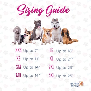 Pode incluir: Guia de tamanhos para roupas de cachorro com diferentes ra&ccedil;as de c&atilde;es e seus tamanhos correspondentes. XXS at&eacute; 7 polegadas, XS at&eacute; 11 polegadas, SM at&eacute; 14 polegadas, MD at&eacute; 16 polegadas, LG at&eacute; 18 polegadas, XL at&eacute; 21 polegadas, 2XL at&eacute; 23 polegadas, 3XL at&eacute; 25 polegadas.