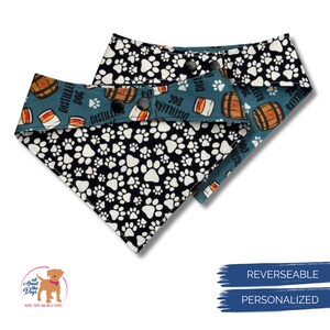 Distillery Dog Vändbar Bandana: Svarta & Vita Tassar, Personlig Bomullshalsduk med Tryckknapp för Husdjur bild 2