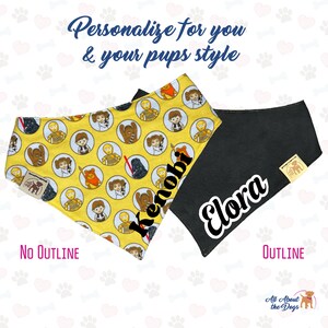 May include: Two dog bandanas, one yellow with a Star Wars character print and the name "Kenobi" embroidered on it, and one black with the name "Elora" embroidered on it. The bandanas are shown against a background of paw prints and hearts.