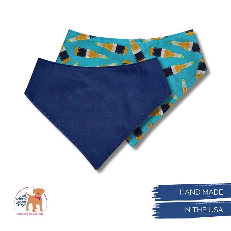 May include: Two dog bandanas. One is solid navy blue, the other has a light blue background with a pattern of beer bottles. The bandanas are handmade in the USA. The logo for "All About Dogs" is in the lower left corner.