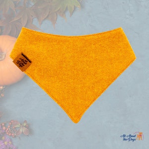 May include: A mustard yellow dog bandana with a herringbone weave. A small brown tag with the text "All About the Dogs" is attached. The bandana is triangular and made of a textured material.