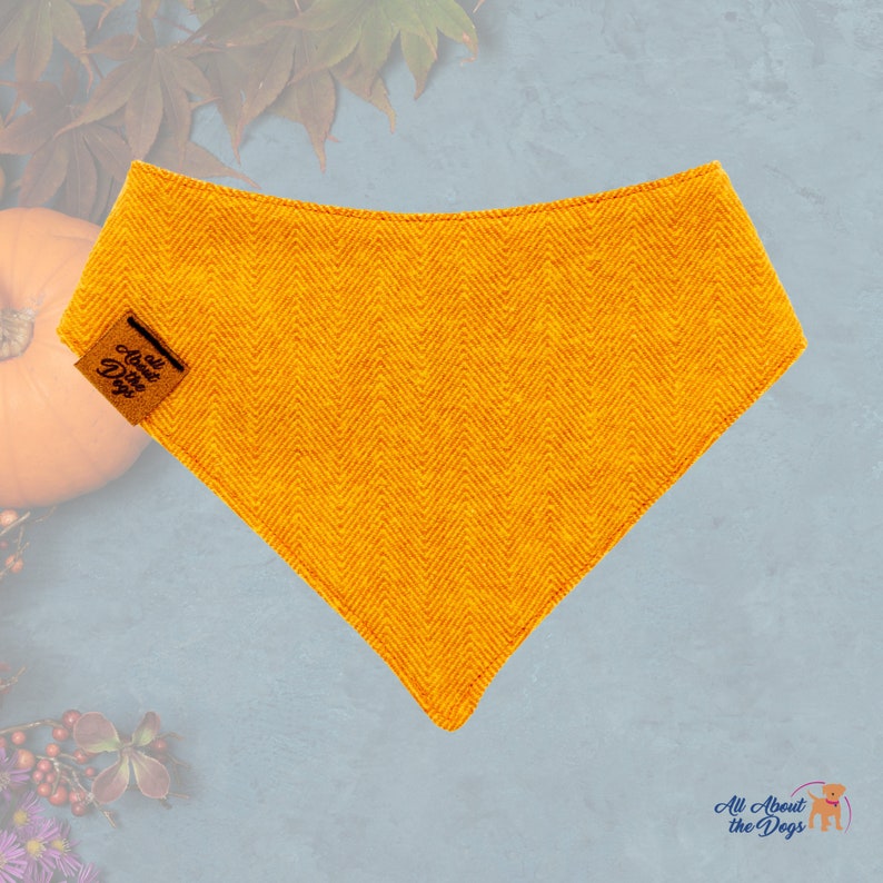 May include: A mustard yellow dog bandana with a herringbone weave. A small brown tag with the text "All About the Dogs" is attached. The bandana is triangular and made of a textured material.