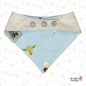 Peut inclure: Un bandana pour chien bleu clair avec une bordure blanche et trois boutons pression. Le bandana pr&eacute;sente un imprim&eacute; sur le th&egrave;me de l'espace avec des &eacute;toiles, des plan&egrave;tes et des personnages de Star Wars. Le bandana est fabriqu&eacute; par All About the Dogs.
