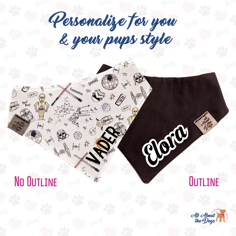 Op de afbeelding: Twee hondenbandanas, een met een Star Wars-thema en de naam "Vader" en de andere een effen bruine bandana met de naam "Elora".