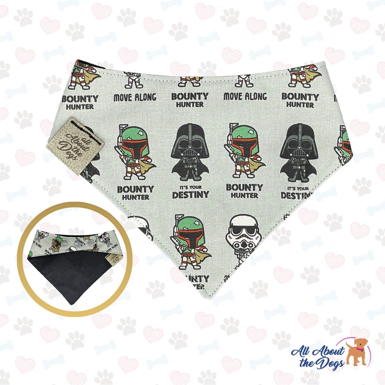 May include: A gray and white bandana with a black border features a repeating pattern of Star Wars characters, including Darth Vader, Boba Fett, and Stormtroopers. The bandana has the text "Bounty Hunter" and "It's Your Destiny" printed on it.