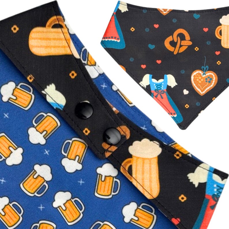 K&ouml;nnte beinhalten: Hunde-Bandana-Set mit zwei Bandanas. Eines ist blau mit Bierkr&uuml;gen, das andere ist schwarz mit Brezeln, Herzen und einem traditionellen Kleid-Design. Die Bandanas haben einen Druckknopfverschluss.