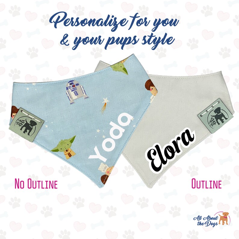 Peut inclure: Deux bandanas pour chien, l'une bleu clair avec un th&egrave;me Star Wars et le nom "Yoda" imprim&eacute; dessus, et l'autre gris clair avec le nom "Elora" imprim&eacute; dessus. Les deux bandanas ont une petite &eacute;tiquette avec une silhouette de chien et le texte "All About the Dogs".