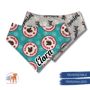 May include: Two reversible dog bandanas. One is teal with a squirrel patrol design and the name "Elora". The other is light gray with paw prints and the word "spoiled".