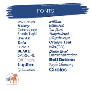 Puede incluir: Fondo blanco con una pincelada azul en la parte superior, que muestra la palabra "FONTS". Varios estilos de fuente se enumeran en azul, incluyendo "Valery", "Beauty Night", "Blake" y "Bell Bottom". Un logotipo de perro est&aacute; en la parte inferior izquierda.