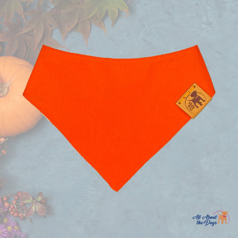 Pu&ograve; includere: Bandana arancione brillante per cani con bordo cucito e una piccola toppa in pelle. La toppa presenta una silhouette di cane e il testo "All About the Dogs". La bandana &egrave; di forma triangolare.