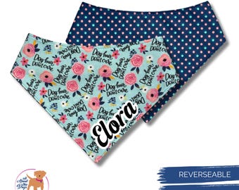 Personalized Navy Blue Cotton Dog Bandana: Reversible with Polka Dot & Floral with Snap Closure