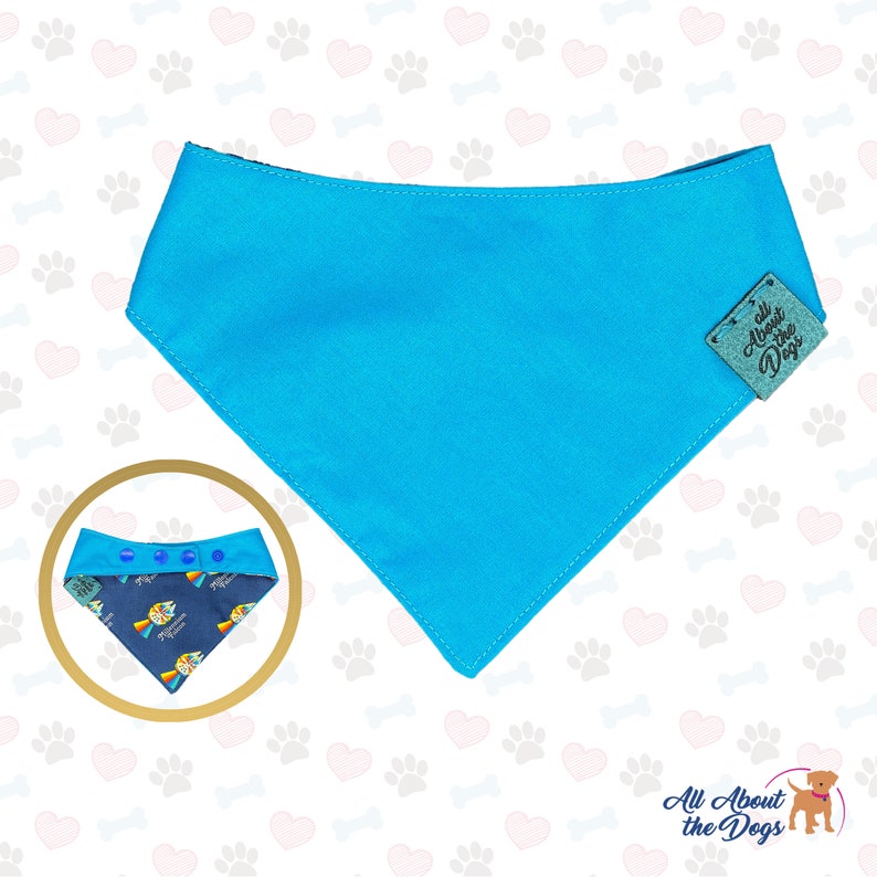 May include: A turquoise blue dog bandana with a white stitched border. The bandana has a small brown leather patch with the text "All About the Dogs" in white. The reverse side of the bandana features a colorful rocket ship design.