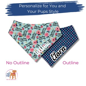 May include: Two dog bandanas, one light blue with floral and "Dog Hair Don't Care" text, the other navy with pink polka dots. The bandanas are personalized with names. Text at the top says "Personalize for You and Your Pups Style."