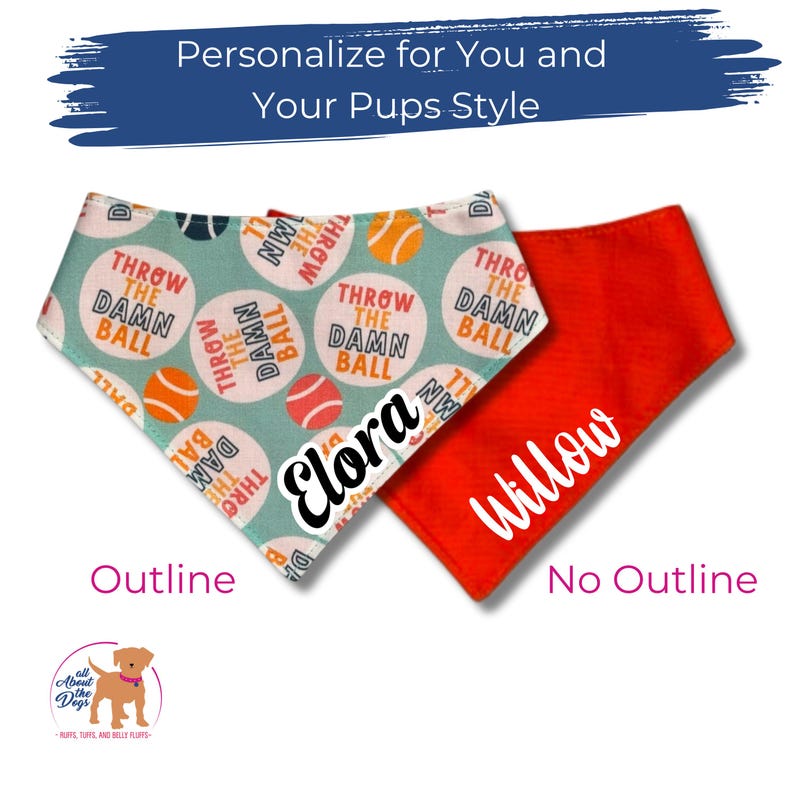 Peut inclure: Deux bandanas pour chiens. L'un est turquoise avec un motif de baseball et le texte "THROW THE DAMN BALL" et "Elora". L'autre est rouge avec le nom "Willow". L'image comprend le texte "Personnalisez pour vous et le style de vos chiots".
