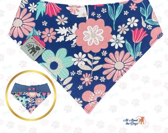 Reversible Floral Dog Bandana with Snaps: Pink, Blue Polka Dot, Cotton Pet Scarf