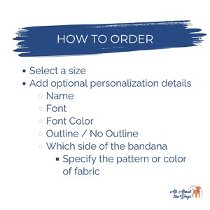 K&ouml;nnte beinhalten: Wei&szlig;er Hintergrund mit blauem Banner mit der Aufschrift &bdquo;HOW TO ORDER&ldquo;. Die Abbildung listet Schritte auf: Gr&ouml;&szlig;e ausw&auml;hlen, Personalisierungsdetails hinzuf&uuml;gen (Name, Schriftart, Farbe, Umriss) und Stoffmuster oder -farbe angeben. Das Logo &bdquo;All About the Dogs&ldquo; befindet sich unten rechts.
