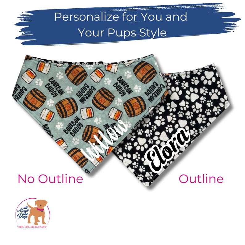 May include: Two personalised dog bandanas. One is light blue with bourbon barrel and paw print patterns, the name "Willow" is printed on it. The other is black with white paw prints, and the name "Elora" is printed on it. The text "Personalise for You and Your Pups Style" is at the top.