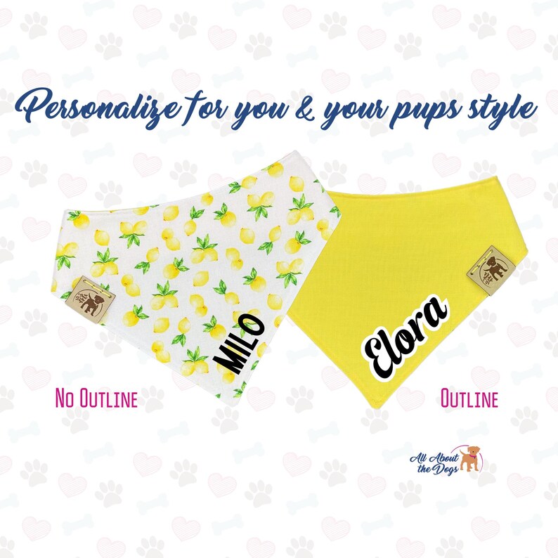 Pu&ograve; includere: Due bandane personalizzate per cani. Una &egrave; bianca con un motivo a limoni e il nome "Milo" in nero. L'altra &egrave; giallo tinta unita con il nome "Elora" in nero. Entrambe hanno una piccola etichetta con un logo di cane. Il testo recita "Personalizza per te e lo stile dei tuoi cuccioli."