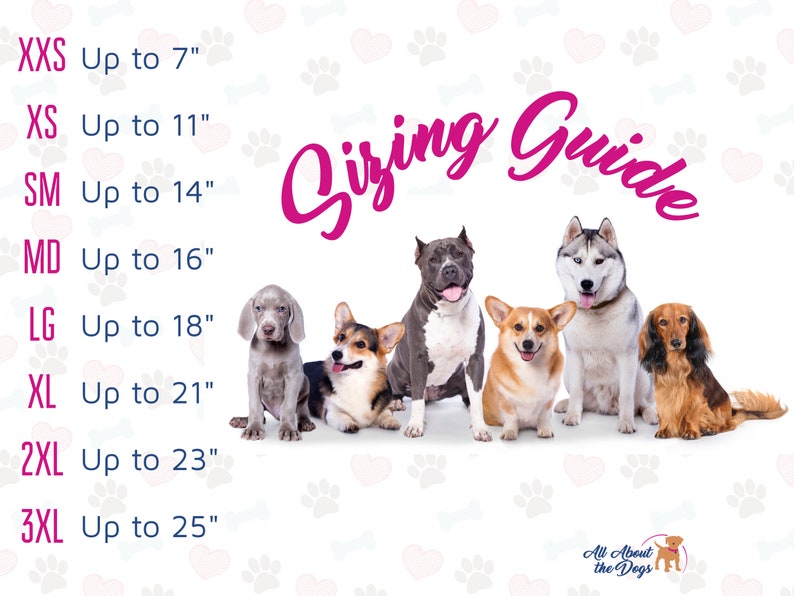 Pu&ograve; includere: Una guida alle taglie per cani con immagini di varie razze. Le taglie vanno da XXS fino a 18 cm a 3XL fino a 64 cm. Il testo rosa in corsivo dice "Sizing Guide". Il logo "All About the Dogs" si trova in basso a destra.