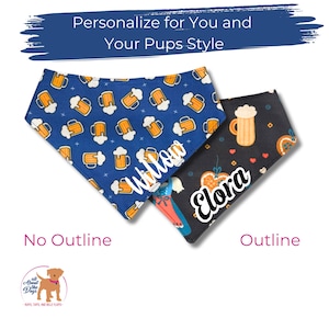 K&ouml;nnte beinhalten: Zwei Hunde-Bandanas, eines blau mit Bierkr&uuml;gen und dem Namen "Willow", das andere schwarz mit einem Bierkrug und dem Namen "Elora". Der Text "Personalize for You and Your Pups Style" steht oben.