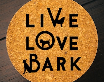 Modern Live Love Bark Trivet | Round Cork Kitchen Decor | Farmhouse Counter Pad
