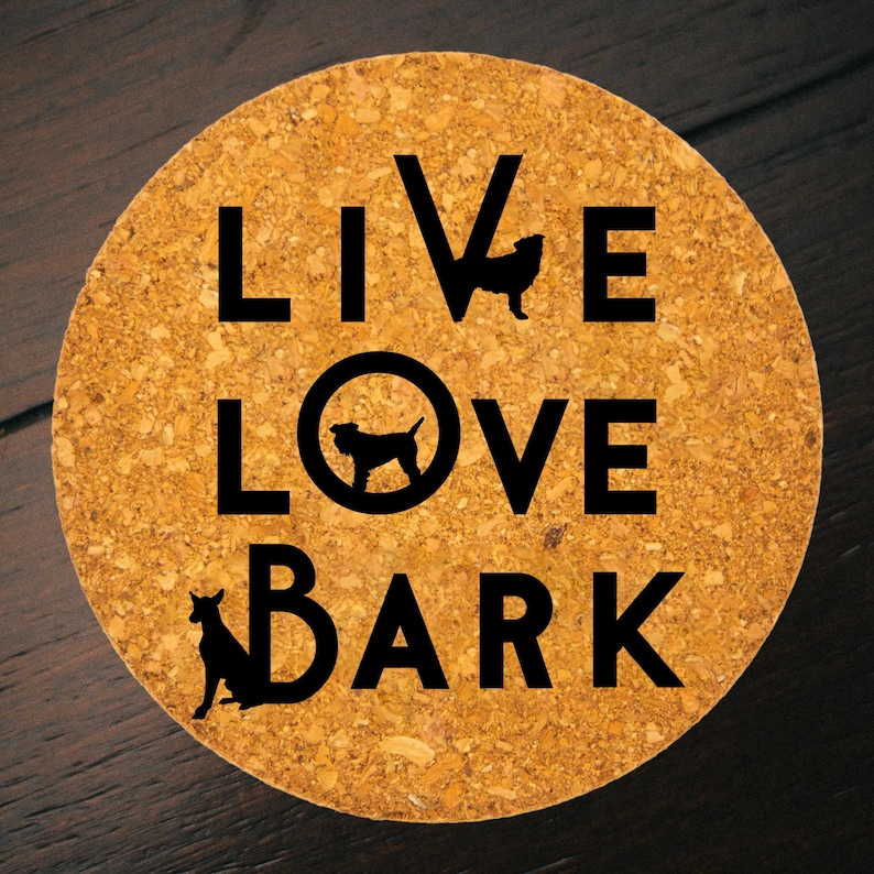 Modern Live Love Bark Trivet | Round Cork Kitchen Decor | Farmhouse Counter Pad afbeelding 1