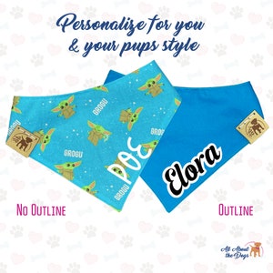 May include: Two dog bandanas, one blue with a white outline and the name "Elora" in white text, and the other blue with a pattern of green cartoon characters and the name "Poo" in white text. Both bandanas have a brown tag with a dog silhouette.