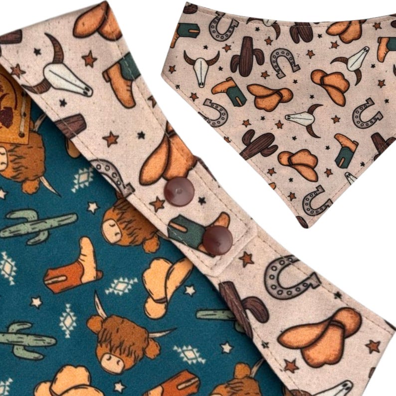 May include: Two dog bandanas with a western theme. One is teal with brown Highland cows, cacti, and cowboy boots. The other is tan with cowboy hats, horseshoes, and steer skulls. Both have a repeating star pattern.