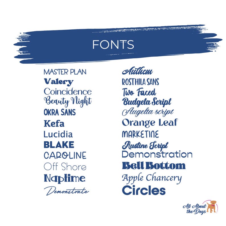 May include: A graphic featuring the word "FONTS" in white text on a blue brushstroke background. Below are various font names in different styles, including "MASTER PLAN," "Valery," and "Circles." The image includes the text "All About the Dogs."