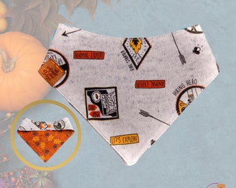 Camping Dog Bandana with Name, Personalized Dog Bandana with Snap, Orange Dog Bandana Fall, Autumn Dog Bandana, Dog Scarf Reversible