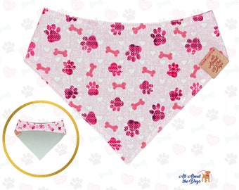 Pink Paws Tartan & Solid Gray Reversible Bandana with Snaps | Custom Text | Personalization | Hand Made in USA