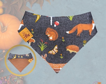 Mushroom Dog Bandana, Autumn Dog Bandana with Snaps, Navy Dog Bandana Flannel, Fall Dog Bandana Personalized, Cottagecore Dog Bandana Boy