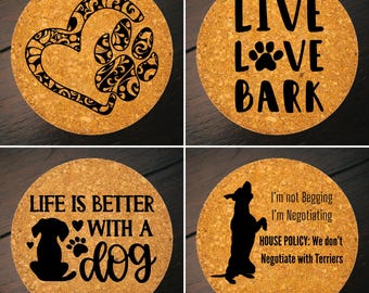 Dog Lover Cork Trivet Set of 4 | 7 Inch Farmhouse Kitchen Decor | Rustic Paw Print Home Accent