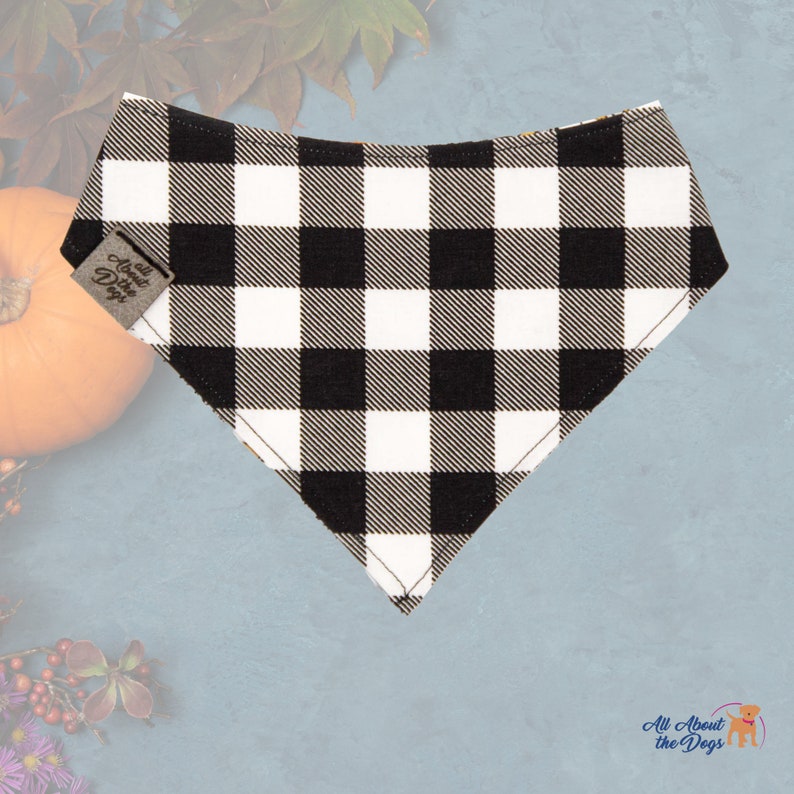 Cottagecore Dog Bandana Boy, Fall Plaid Bandana Personalized, Black and White Plaid Dog Bandana Large, Flannel Dog Bandana with Snap Closure image 2