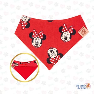 Reversible Red Minnie Mouse Dog Bandana, Snap Closure Pet Accessory, Handmade Disney Gift for Dogs