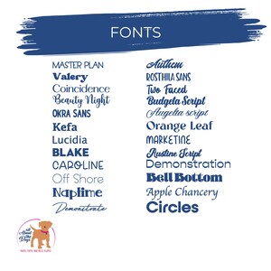 Pode incluir: Um fundo branco apresenta uma pincelada azul com a palavra "FONTS" acima de uma lista de nomes de fontes. O logotipo "All About the Dogs" est&aacute; no canto inferior esquerdo.