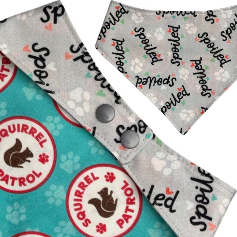 May include: Dog bandana set with a light blue and gray pattern. One bandana features "Squirrel Patrol" and a squirrel graphic. The other bandana has "Spoiled" text and paw prints. Both have snap closures.
